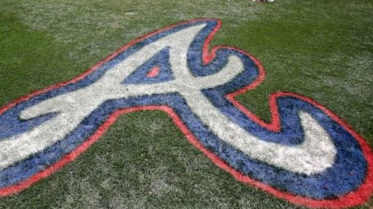 Mar 15, 2015; Lake Buena Vista, FL, USA; The Atlanta Braves logo painted on the field during a spring training baseball game at Champion Stadium. The Toronto Blue Jays beat the Atlanta Braves 10-5. Mandatory Credit: Reinhold Matay-USA TODAY Sports