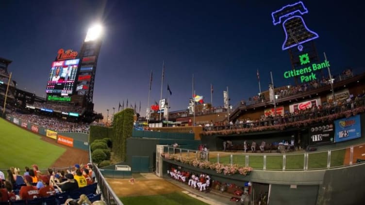 Jul 31, 2015; Philadelphia, PA, USA; General view of the outfield scoreboard and bullpen at dusk in a game between the Philadelphia Phillies and the Atlanta Braves at Citizens Bank Park. Mandatory Credit: Bill Streicher-USA TODAY Sports