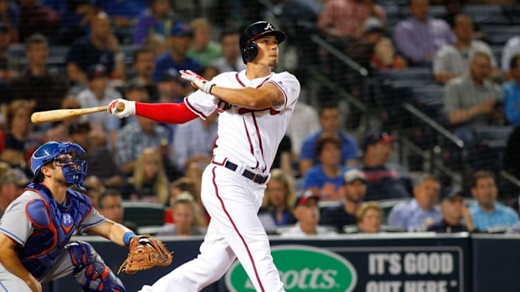 Apr 22, 2016; Atlanta, GA, USA; Atlanta Braves second baseman Jace Peterson (8) swings against the New York Mets in the fourth inning at Turner Field. Mandatory Credit: Brett Davis-USA TODAY Sports