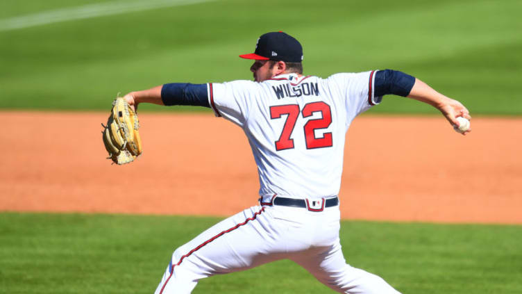 ATLANTA, GA - SEPTEMBER 3: Bryse Wilson #72 of the Atlanta Braves throws a ninth inning pitch against the Boston Red Sox at SunTrust Park on September 3, 2018 in Atlanta, Georgia. (Photo by Scott Cunningham/Getty Images)