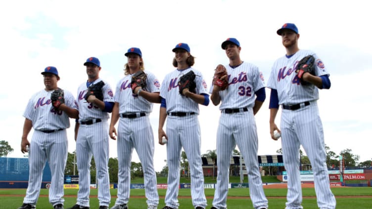 JUPITER, FL - MARCH 01: Pitchers (L-R) Bartolo Colon, Matt Harvey, Noah Syndergaard, Jacob deGrom, Steven Matz and Zack Wheeler pose for photos during media day at Traditions Field on March 1, 2016 in Port St. Lucie, Florida. (Photo by Marc Serota/Getty Images)