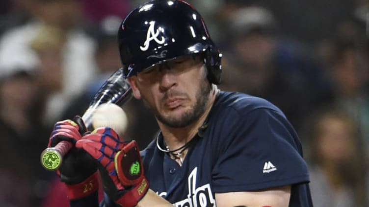 SAN DIEGO, CA - JUNE 28: Tyler Flowers #25 of the Atlanta Braves is hit with a pitch during the sixth inning of a baseball game against the San Diego Padres at PETCO Park on June 28, 2017 in San Diego, California. (Photo by Denis Poroy/Getty Images)