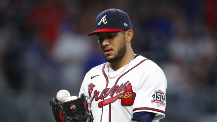 ATLANTA, GA - APRIL 28: Huascar Ynoa #19 of the Atlanta Braves leaves the game in the sixth inning against the Chicago Cubs at Truist Park on April 28, 2021 in Atlanta, Georgia. (Photo by Todd Kirkland/Getty Images)