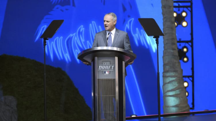 Robert Manfred, commissioner of Major League Baseball, opens the 2022 MLB Draft at XBOX Plaza on July 17, 2022 in Los Angeles, California. (Photo by Kevork Djansezian/Getty Images)