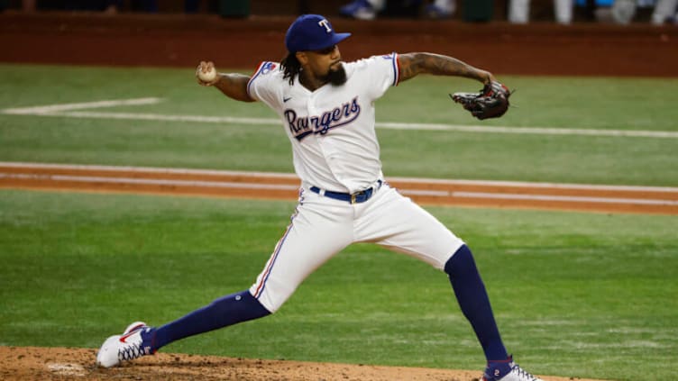 ARLINGTON, TX - SEPTEMBER 20: Dennis Santana #19 of the Texas Rangers pitches against the Los Angeles Angels during the fifth inning at Globe Life Field on September 20, 2022 in Arlington, Texas. (Photo by Ron Jenkins/Getty Images)