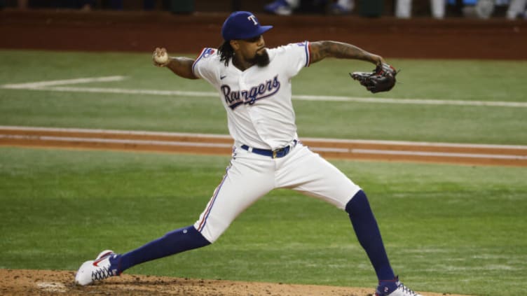 ARLINGTON, TX - SEPTEMBER 20: Dennis Santana #19 of the Texas Rangers pitches against the Los Angeles Angels during the fifth inning at Globe Life Field on September 20, 2022 in Arlington, Texas. (Photo by Ron Jenkins/Getty Images)