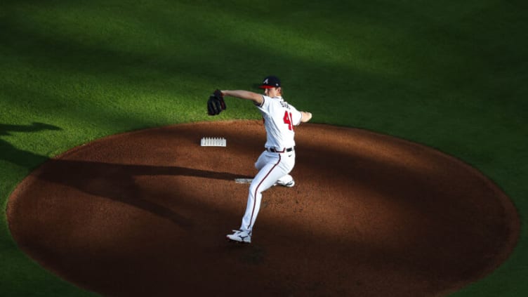 ATLANTA, GA - JULY 29: Mike Soroka #40 of the Atlanta Braves delivers the pitch in the first inning of an MLB game against the Tampa Bay Rays at Truist Park on July 29, 2020 in Atlanta, Georgia. (Photo by Todd Kirkland/Getty Images)