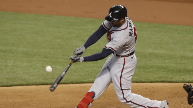 MIAMI, FLORIDA - AUGUST 14: Nick Markakis #22 of the Atlanta Braves at bat against the Miami Marlins at Marlins Park on August 14, 2020 in Miami, Florida. (Photo by Michael Reaves/Getty Images)