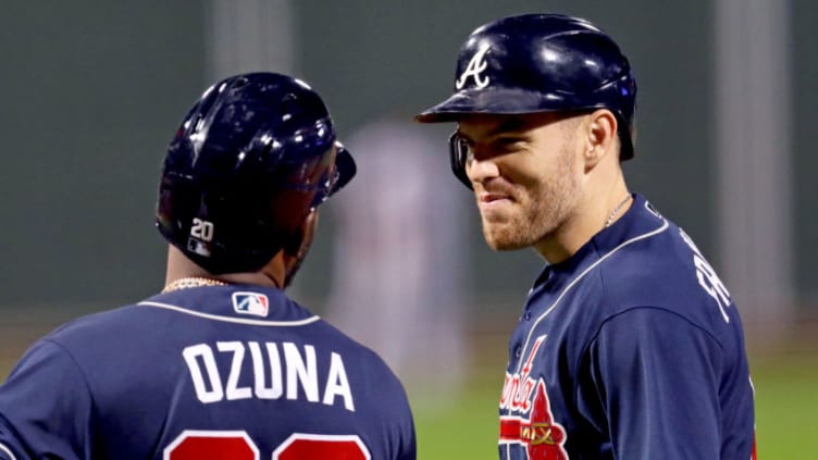Atlanta Braves players Marcell Ozuna with Freddie Freeman. (Photo by Maddie Meyer/Getty Images)