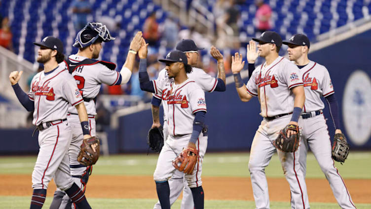 MIAMI, FLORIDA - JULY 09: The Atlanta Braves celebrate after defeating the Miami Marlins 5-0 at loanDepot park on July 09, 2021 in Miami, Florida. (Photo by Michael Reaves/Getty Images)