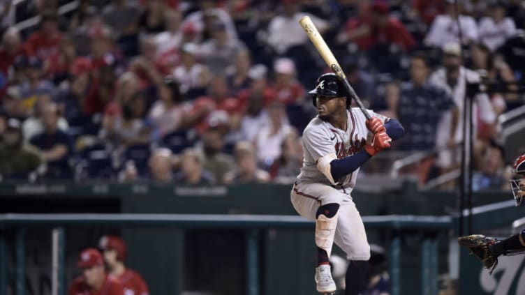 WASHINGTON, DC - AUGUST 14: Ozzie Albies #1 of the Atlanta Braves bats against the Washington Nationals at Nationals Park on August 14, 2021 in Washington, DC. (Photo by G Fiume/Getty Images)