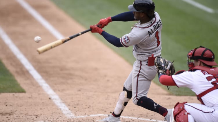 WASHINGTON, DC - AUGUST 15: Ozzie Albies #1 of the Atlanta Braves bats against the Washington Nationals at Nationals Park on August 15, 2021 in Washington, DC. (Photo by G Fiume/Getty Images)