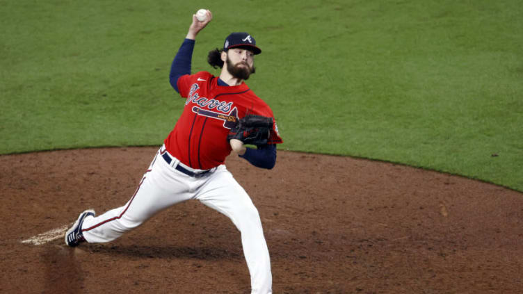 ATLANTA, GEORGIA - OCTOBER 29: Ian Anderson #36 of the Atlanta Braves delivers the pitch against the Houston Astros during the fifth inning in Game Three of the World Series at Truist Park on October 29, 2021 in Atlanta, Georgia. (Photo by Michael Zarrilli/Getty Images)