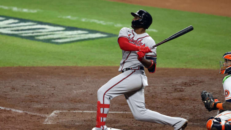 Jorge Soler of the Atlanta Braves hits a three run home run against the Houston Astros during the third inning in Game Six of the World Series. (Photo by Bob Levey/Getty Images)