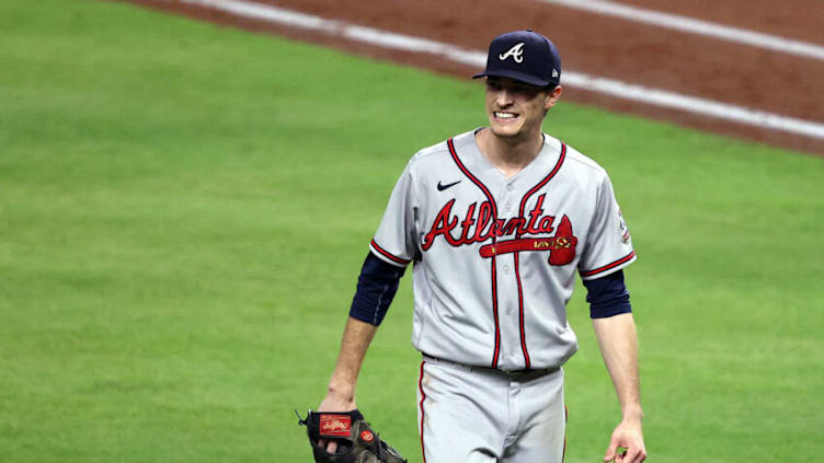 HOUSTON, TEXAS - NOVEMBER 02: Max Fried #54 of the Atlanta Braves walks back to the dugout after retiring the side against the Houston Astros during the sixth inningin Game Six of the World Series at Minute Maid Park on November 02, 2021 in Houston, Texas. (Photo by Bob Levey/Getty Images)