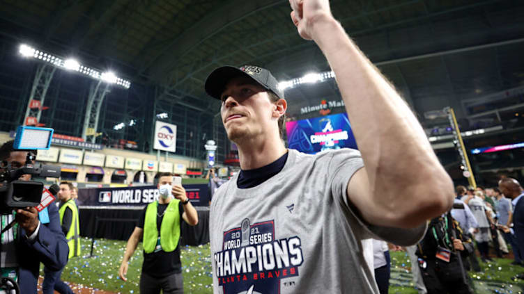 HOUSTON, TEXAS - NOVEMBER 02: Max Fried #54 of the Atlanta Braves celebrates with teammates after their 7-0 victory against the Houston Astros in Game Six to win the 2021 World Series at Minute Maid Park on November 02, 2021 in Houston, Texas. (Photo by Carmen Mandato/Getty Images)