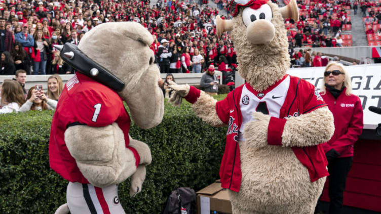 ATHENS, GA - NOVEMBER 6: Blooper and Hairy Dawg during a game between Missouri Tigers and Georgia Bulldogs at Sanford Stadium on November 6, 2021 in Athens, Georgia. (Photo by Steven Limentani/ISI Photos/Getty Images)