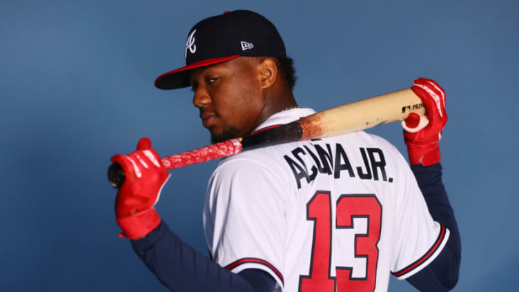 VENICE, FLORIDA - MARCH 17: Ronald Acuna Jr. #13 of the Atlanta Braves poses for a photo during Photo Day at CoolToday Park on March 17, 2022 in Venice, Florida. (Photo by Michael Reaves/Getty Images)