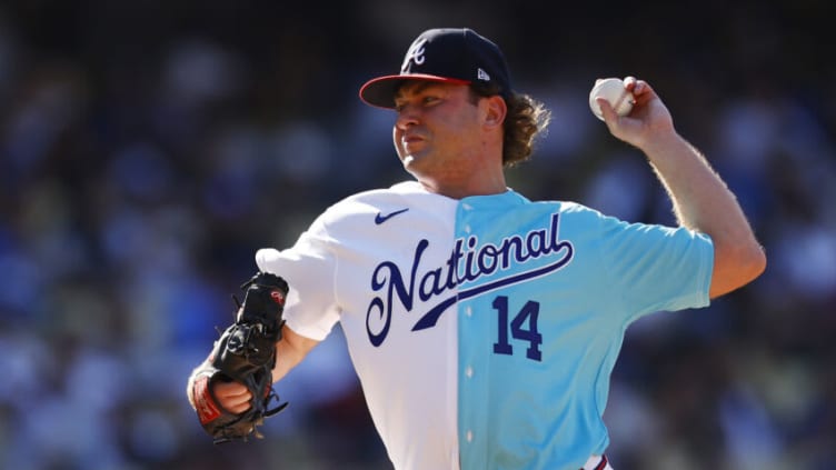 LOS ANGELES, CALIFORNIA - JULY 16: Jared Shuster #14 of the National League pitches during the SiriusXM All-Star Futures Game against the American League at Dodger Stadium on July 16, 2022 in Los Angeles, California. (Photo by Ronald Martinez/Getty Images)