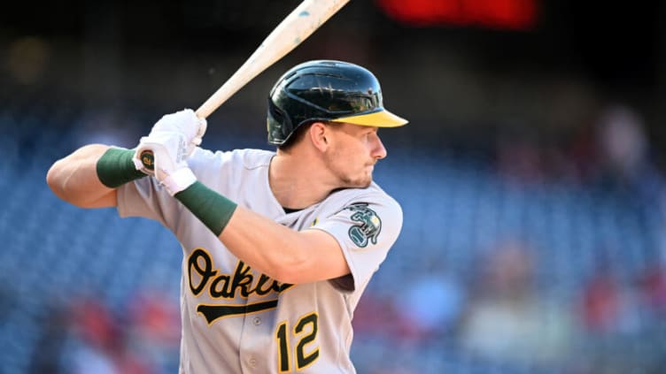 WASHINGTON, DC - SEPTEMBER 01: Sean Murphy #12 of the Oakland Athletics bats against the Washington Nationals at Nationals Park on September 01, 2022 in Washington, DC. (Photo by G Fiume/Getty Images)