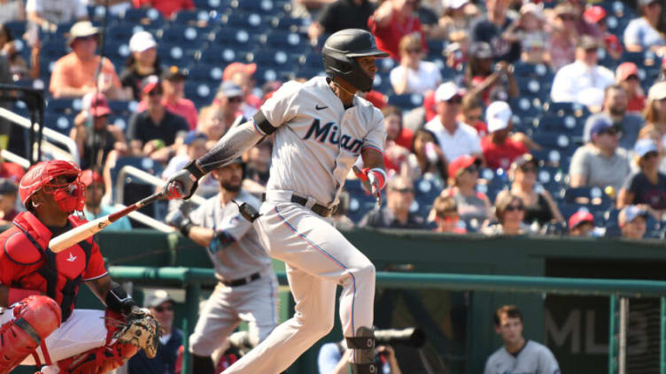 WASHINGTON, DC - SEPTEMBER 18: Lewin Diaz #34 of the Miami Marlins rtakes a swing during a baseball game against the Washington Nationals at Nationals Park on September 18, 2022 in Washington, DC. (Photo by Mitchell Layton/Getty Images)