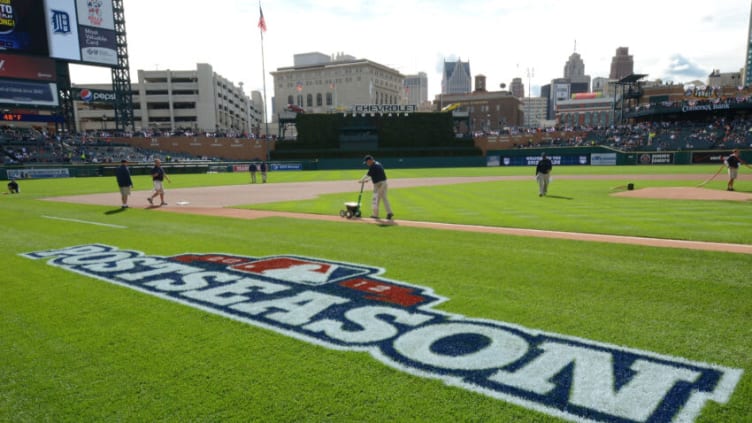 DETROIT, MI - OCTOBER 07: A detailed view of the Postseason logo painted on the field prior to Game Two of the American League Division Series between the Detroit Tigers and the Oakland Athletics at Comerica Park on October 7, 2012 in Detroit, Michigan. The Tigers defeated the A's 5-4. (Photo by Mark Cunningham/MLB Photos via Getty Images)
