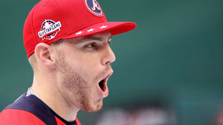 WASHINGTON, DC - JULY 16: Freddie Freeman #5 during Gatorade All-Star Workout Day at Nationals Park on July 16, 2018 in Washington, DC. (Photo by Patrick Smith/Getty Images)