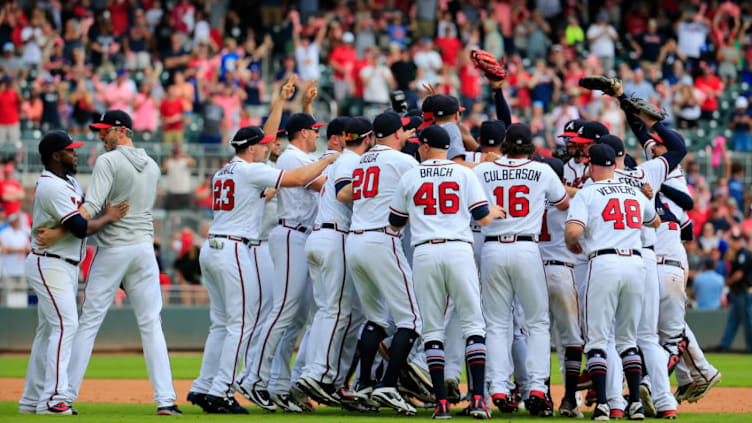 ATLANTA, GA - SEPTEMBER 22: The Atlanta Braves celebrate after clinching the NL East Division against the Philadelphia Phillies at SunTrust Park on September 22, 2018 in Atlanta, Georgia. (Photo by Daniel Shirey/Getty Images)