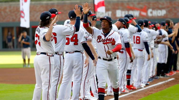 ATLANTA, GEORGIA - OCTOBER 03: Ronald Acuna Jr. #13 is introduced prior to game one of the National League Division Series against the St. Louis Cardinals at SunTrust Park on October 03, 2019 in Atlanta, Georgia. (Photo by Kevin C. Cox/Getty Images)