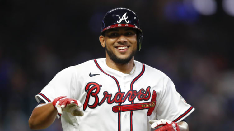 ATLANTA, GA - APRIL 28: Huascar Ynoa #19 of the Atlanta Braves reacts after a solo home run in the fourth inning of a game against the Chicago Cubs at Truist Park on April 28, 2021 in Atlanta, Georgia. (Photo by Todd Kirkland/Getty Images)