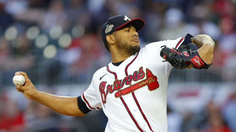 ATLANTA, GA - APRIL 11: Huascar Ynoa #19 of the Atlanta Braves pitches during the first inning of an MLB game against the Washington Nationals at Truist Park on April 11, 2022 in Atlanta, Georgia. (Photo by Todd Kirkland/Getty Images)