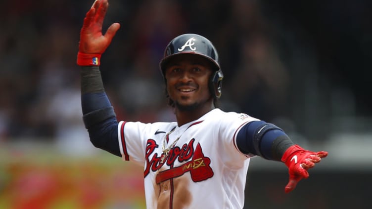 ATLANTA, GA - JUNE 03: Ozzie Albies #1 of the Atlanta Braves reacts after and RBI double in the sixth inning of an MLB game against the Washington Nationals at Truist Park on June 3, 2021 in Atlanta, Georgia. (Photo by Todd Kirkland/Getty Images)