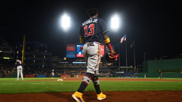 PITTSBURGH, PA - JULY 05: Ronald Acuna Jr. #13 of the Atlanta Braves in action during the game against the Pittsburgh Pirates at PNC Park on July 5, 2021 in Pittsburgh, Pennsylvania. (Photo by Justin Berl/Getty Images)