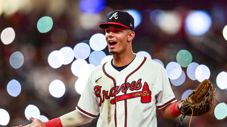 ATLANTA, GA - SEPTEMBER 3: Vaughn Grissom #18 of the Atlanta Braves talks to teammates on the field against the Miami Marlins at Truist Park on September 3, 2022 in Atlanta, Georgia. (Photo by Adam Hagy/Getty Images)