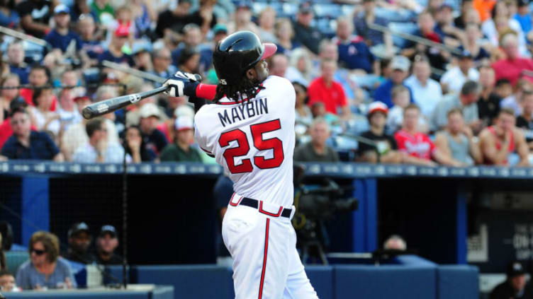 ATLANTA, GA - AUGUST 7: Cameron Maybin #25 of the Atlanta Braves hits against the Miami Marlins at Turner Field on August 7, 2015 in Atlanta, Georgia. (Photo by Scott Cunningham/Getty Images)