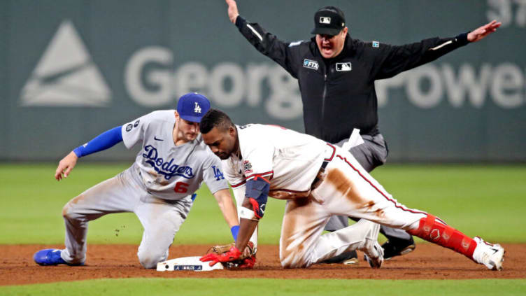 Atlanta Braves right fielder Jorge Soler slides into 2nd base against Dodgers second baseman Trea Turner. Mandatory Credit: Brett Davis-USA TODAY Sports