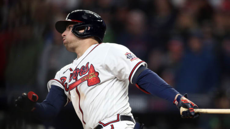 Atlanta Braves third baseman Austin Riley (27) hits an RBI double in the World Series. Mandatory Credit: Brett Davis-USA TODAY Sports