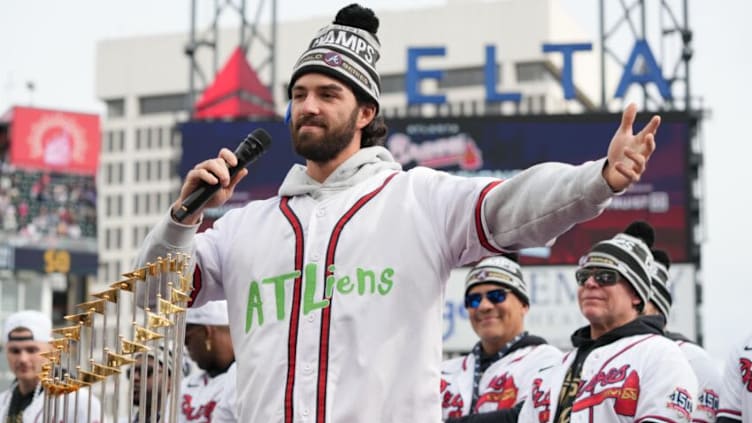 Nov 5, 2021; Atlanta, GA, USA; Atlanta Braves shortstop Dansby Swanson speaks during the World Series championship rally at Truist Park. Mandatory Credit: John David Mercer-USA TODAY Sports