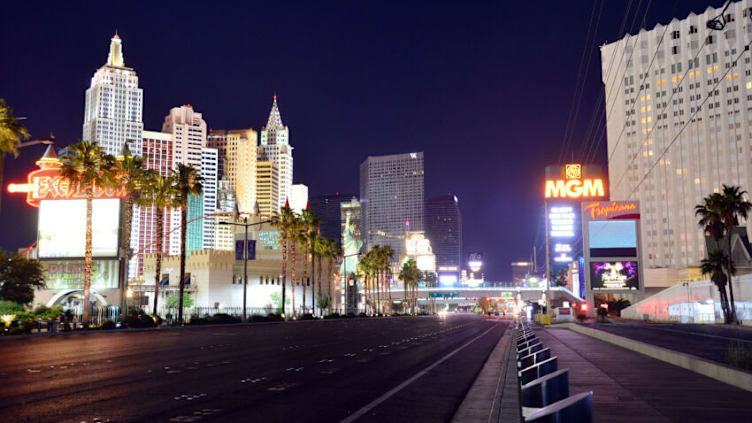 May 29, 2020; Las Vegas, Nevada, USA; General view looking at Las Vegas Blvd southbound at New York New York, Tropicana hotel and casinos. Las Vegas casinos and hotels have been shut down for over two months due to the COVID-19 pandemic. Nevada governor Steve Sisolak announced most hotel casinos will reopen June 4 with precautions in place to minimize the spread of COVID-19. Mandatory Credit: Gary A. Vasquez-USA TODAY NETWORK