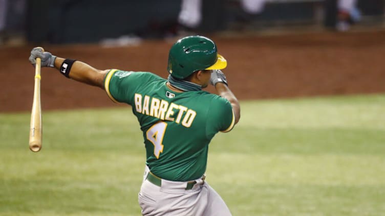 Aug 18, 2020; Phoenix, Arizona, USA; Oakland Athletics second baseman Franklin Barreto against the Arizona Diamondbacks at Chase Field. Mandatory Credit: Mark J. Rebilas-USA TODAY Sports