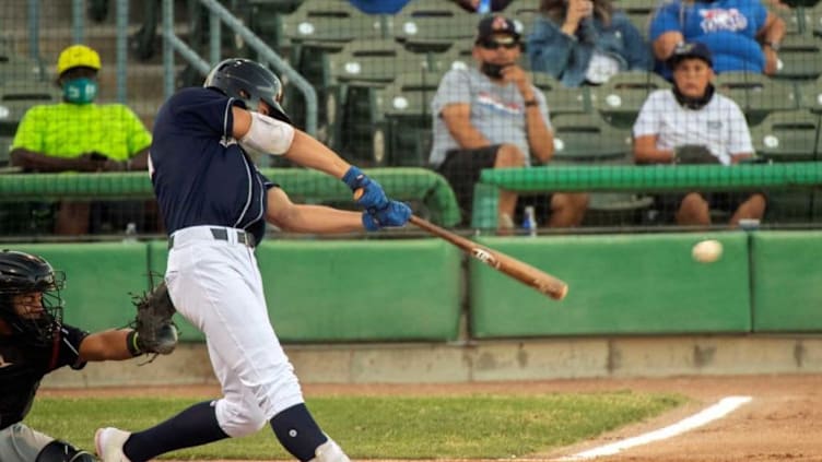 (6/4/21) Stockton Ports' Tyler Soderstrom hits a pop fly during a California League baseball game against the Lake Elsinore Storm at the Stockton Ballpark in downtown Stockton.Portsvsstorm 053a