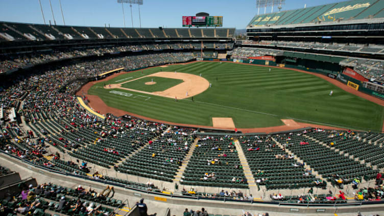 Jul 20, 2021; Oakland, California, USA; A general view of RingCentral Coliseum during the sixth inning of a game between the Los Angeles Angels and Oakland Athletics. Mandatory Credit: D. Ross Cameron-USA TODAY Sports