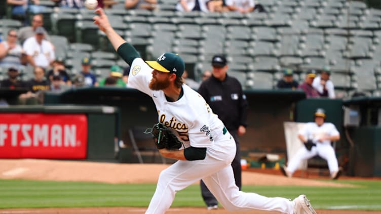 Jun 4, 2022; Oakland, California, USA; Oakland Athletics starting pitcher Paul Blackburn (58) pitches the ball against the Boston Red Sox during the first inning at RingCentral Coliseum. Mandatory Credit: Kelley L Cox-USA TODAY Sports