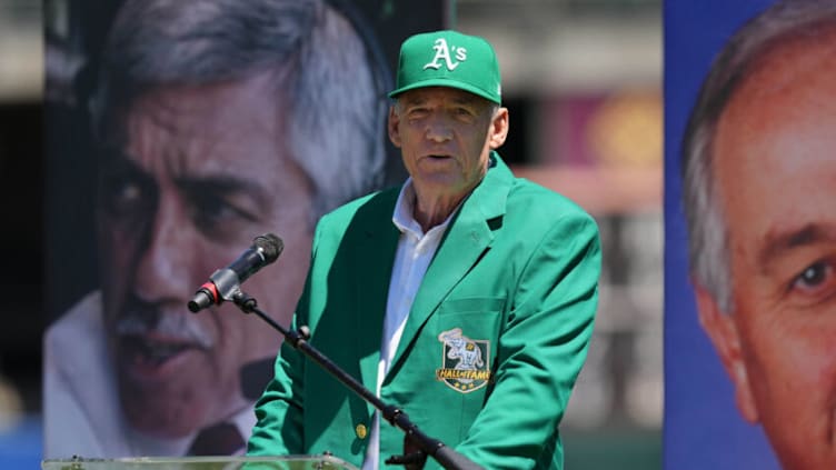 Aug 7, 2022; Oakland, California, USA; Oakland Athletics special advisor to player development Keith Lieppman speaks during a ceremony before the game against the San Francisco Giants at RingCentral Coliseum. Mandatory Credit: Darren Yamashita-USA TODAY Sports