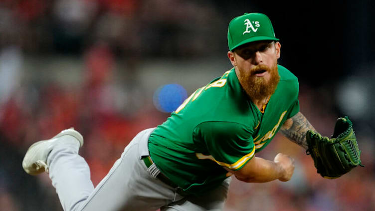 Sep 3, 2022; Baltimore, Maryland, USA; Oakland Athletics starting pitcher Adam Oller (36) pitches against the Baltimore Orioles during the first inning at Oriole Park at Camden Yards. Mandatory Credit: Brent Skeen-USA TODAY Sports