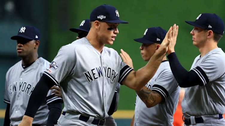 HOUSTON, TEXAS - OCTOBER 12: Aaron Judge #99 of the New York Yankees is introduced prior to game one of the American League Championship Series against the Houston Astros at Minute Maid Park on October 12, 2019 in Houston, Texas. (Photo by Mike Ehrmann/Getty Images)