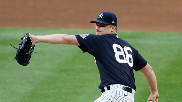 NEW YORK, NEW YORK - JULY 06: (NEW YORK DAILIES OUT) Clarke Schmidt #86 of the New York Yankees pitches during a simulated game at Yankee Stadium on July 06, 2020 in New York City. (Photo by Jim McIsaac/Getty Images)