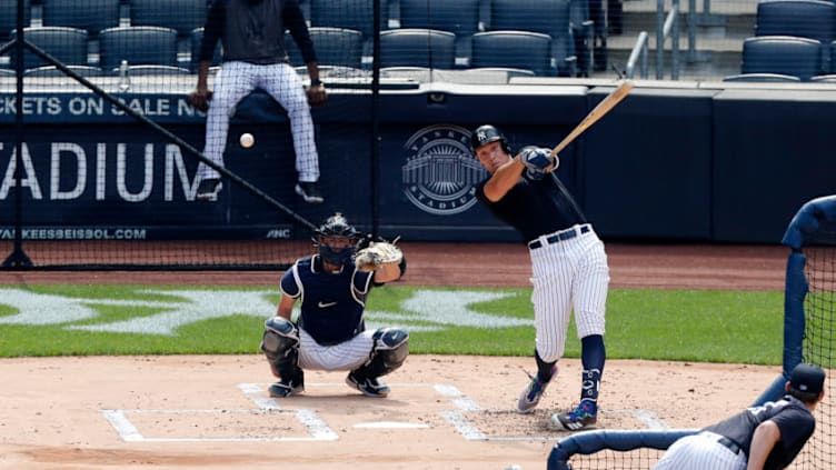 Aaron Judge #99 of the New York Yankees bats during summer workouts at Yankee Stadium. (Photo by Jim McIsaac/Getty Images)