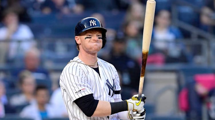 Clint Frazier #77 of the New York Yankees reacts against the Tampa Bay Rays at Yankee Stadium on May 17, 2019 in New York City. (Photo by Steven Ryan/Getty Images)