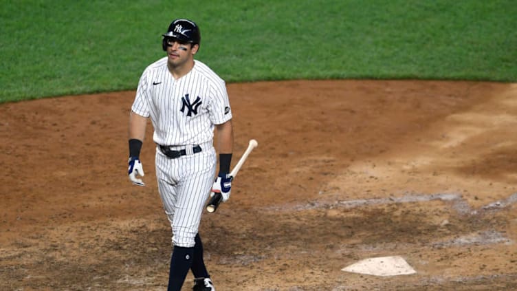 Mike Tauchman #39 of the New York Yankees reacts after striking oyt during the ninth inning against the Tampa Bay Rays at Yankee Stadium on September 02, 2020 in the Bronx borough of New York City. (Photo by Sarah Stier/Getty Images)